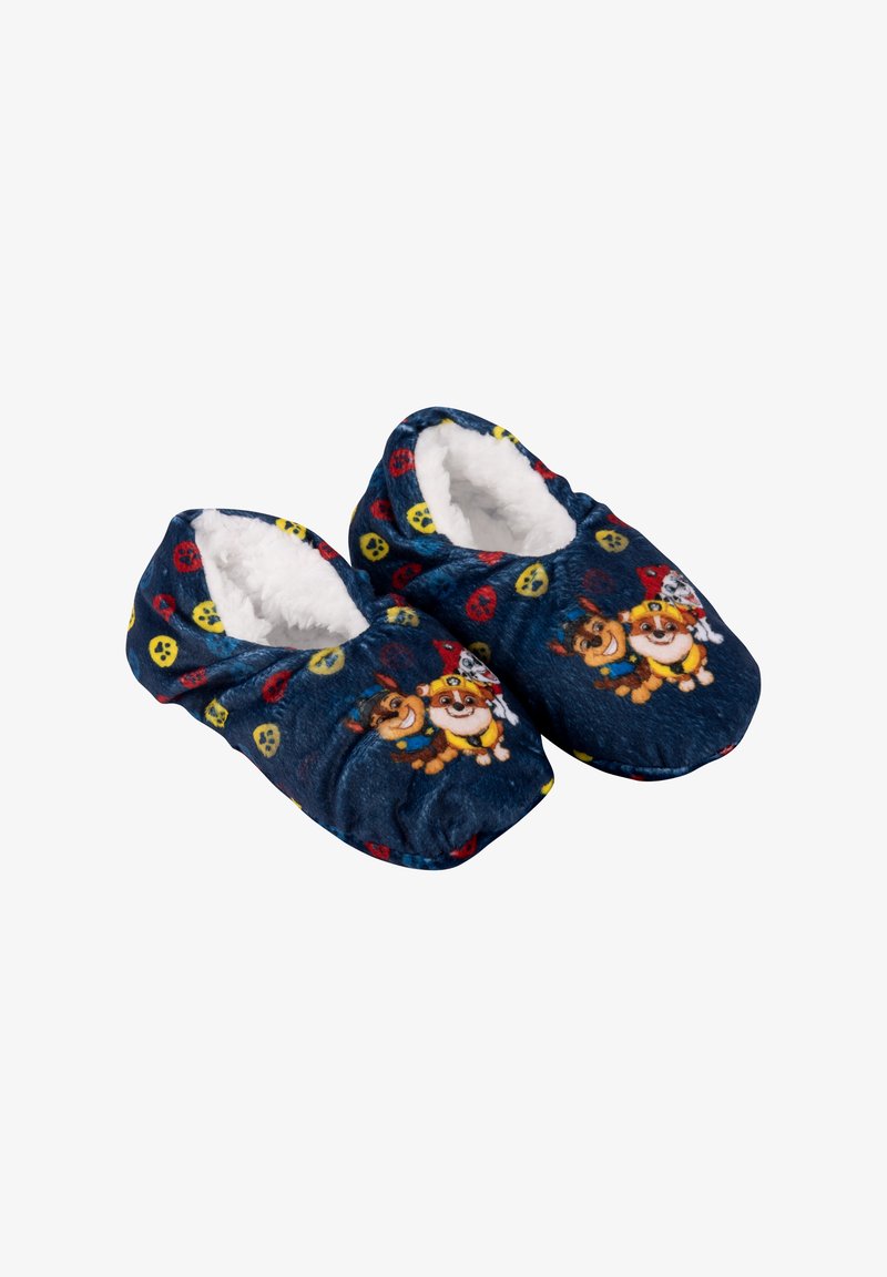Pantofole in pile blu navy con un morbido interno bianco, decorate con motivi colorati di simboli della pace e personaggi di cani in stile cartone animato.