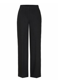Black wide-leg trousers with a smooth texture, a flat front waistband, and no visible fastenings, featuring a classic, straight silhouette.