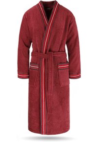 Roter Bademantel aus Frottee mit Wickeldesign, zwei vorderen Taschen und einem dekorativen gestreiften Besatz entlang des Kragens und der Ärmel.