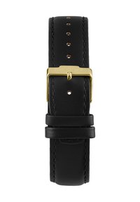 Läderarmband i svart med ett guldmetallspännare, flera hål för justering och diskreta sömmar längs kanterna.