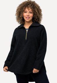 Pullover in pile nero con colletto zip, maniche lunghe e orlo curvo. Presenta una zip dorata e un tessuto morbido e testurizzato.