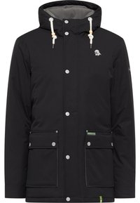 Veste noire imperméable avec capuche, dotée de boutons-pression, de deux poches avant et d'un détail logo sur la poitrine. Tissu texturé.