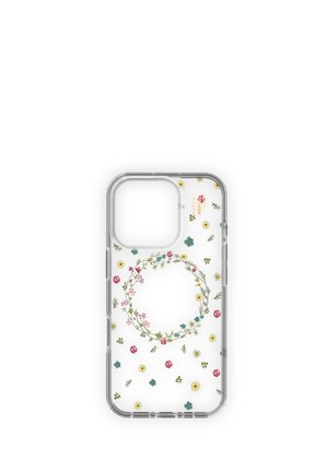 Klares Telefonetui mit einem Blumenmuster, das rosa, gelbe und blaue Blumen in einem kreisförmigen Design um die Mitte herum zeigt.