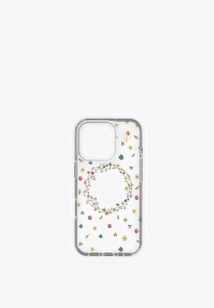 Läpinäkyvä puhelinkotelo, jossa on kukkakuvio: vaaleanpunaisia, keltaisia ja sinisiä kukkia, jotka on aseteltu ympyrän muotoon keskuksen ympärille.