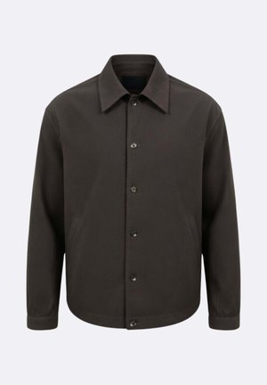 Giacca camicia marrone scuro a maniche lunghe con bottoni, colletto a punta e tasche nelle cuciture laterali.