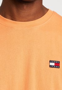 Krátký rukáv, tričko s klasickým výstřihem v světle oranžové barvě z bavlny, s malým vyšívaným obdélníkovým logem v modré, červené a bílé barvě na hrudi.