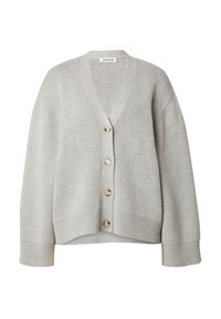 Helles graues Cardigan mit V-Ausschnitt-Design, oversized Passform und gerippten Säumen. Verfügt über große, runde Knöpfe vorne. Weicher Textur.