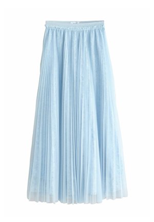 Šviesiai mėlynas klostuotas midi sijonas su permatomu sluoksniu ir elastine juosmens juosta, po kuria matyti subtilus gėlių nėrinių raštas.