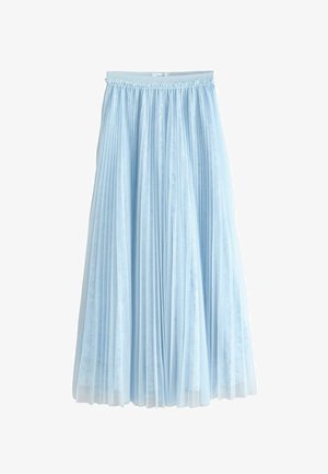 Világoskék, pliszírozott midi szoknya áttetsző réteggel és rugalmas derékpánttal, finom virágmintás csipkével alatta.
