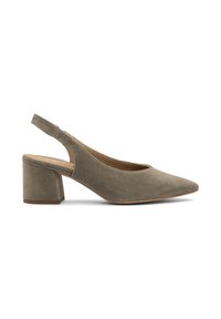 Slingback lodičky v sivej zamši s špicatou špičkou a blokovým podpätkom. Obuv má výrez na boku pre zaujímavejší dizajnový detail.