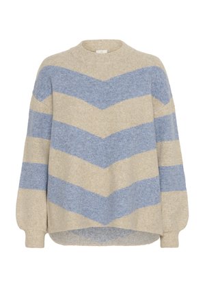 Beige and blue striped knitted sweater with chevron pattern, ribbed crew neck and cuffs, and a slightly longer back hem.
