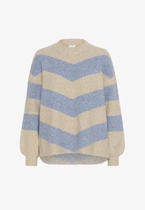 Pull en tricot beige et bleu à rayures avec un motif en chevron, col ras du cou côtelé et poignets, et un ourlet légèrement plus long à l'arrière.