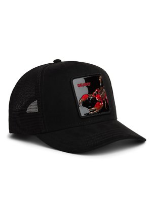 Gorra de béisbol negra de rejilla con visera curva y parche que muestra un escorpión rojo y marrón y la palabra "DEADLY" en letras rojas.