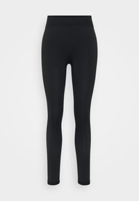 Black leggings with a smooth texture. High waistband and fitted design, featuring a mesh pattern along the lower legs for breathability.