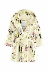 Puchaty kremowy szlafrok z nadrukami Minni Mouse i Daisy Duck w pastelowych kolorach, z kapturem, paskiem do związania i dwoma przednimi kieszeniami.