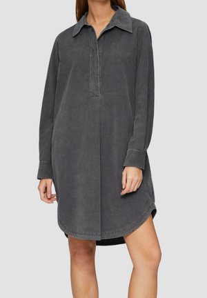 Gray denim dress with a collar, long sleeves, and a half placket. Features a curved hemline and subtle stitching detail.