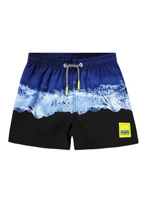 Σοσόνια μπάνιου με σχέδιο μπλε κυμάτων στην κορυφή και μονόχρωμο μαύρο στο κάτω μέρος. Περιλαμβάνει κίτρινο λογότυπο της μάρκας και ρυθμιζόμενο κορδόνι.