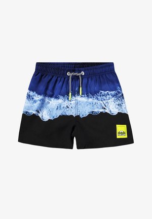 Peldēšanas šorti ar zilu viļņu rakstu augšpusē un melnu krāsu apakšpusē. Iekļauta dzeltena zīmola logo un regulējams aukliņas siksna.