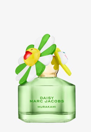 Zielona szklana butelka perfum z napisem "Daisy Marc Jacobs Murakami" oraz kolorowymi ozdobami w kształcie stokrotek na zakrętce.