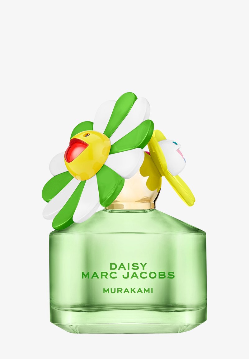 Grøn glas parfume flaske mærket "Daisy Marc Jacobs Murakami" med farverige lågdekorationer formet som tusindfryd.