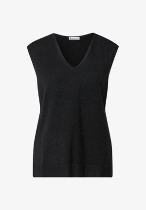 Czarny bezrękawnik z dzianiny z dekoltem w kształcie V i prążkowanym wykończeniem, prezentowany na białym tle.