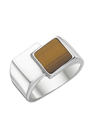 Silberner Ring mit breitem Band und einem polierten rechteckigen braunen Tigeraugen-Stein, der oben eingesetzt ist.