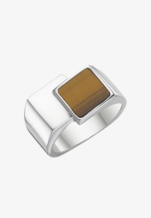 Silberner Ring mit breitem Band und einem polierten rechteckigen braunen Tigeraugen-Stein, der oben eingesetzt ist.