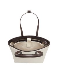 Sac fourre-tout avec un extérieur beige à motif, des anses marron foncé et un intérieur en tissu beige. Comporte une fermeture éclair et une poche intérieure.