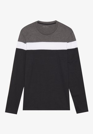 Langarm t-shirt met een grijs bovenstuk, witte horizontale streep en zwarte onderkant. Gemaakt van zachte, lichte stof met een ronde hals.