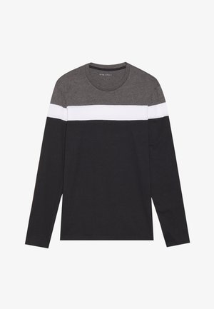 Long-sleeve t-shirt featuring a gray top section, white horizontal stripe, and black bottom. Made of soft, lightweight fabric with a crew neckline.