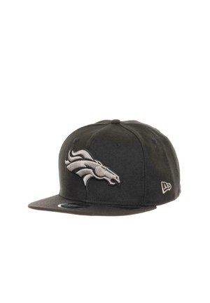 Black baseball cap featuring a raised gray embroidered Denver Broncos logo on the front. Made of durable fabric with a flat brim design.
