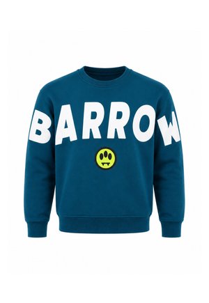 Felpa blu con grandi lettere bianche che formano "BARROW" su petto e maniche, con una piccola faccina gialla sorridente con zanne sotto il testo.