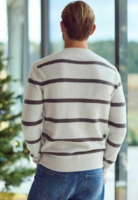 Gray striped sweater with dark stripes, crew neck, ribbed cuffs and hem, paired with blue denim jeans. Background features a Christmas tree.