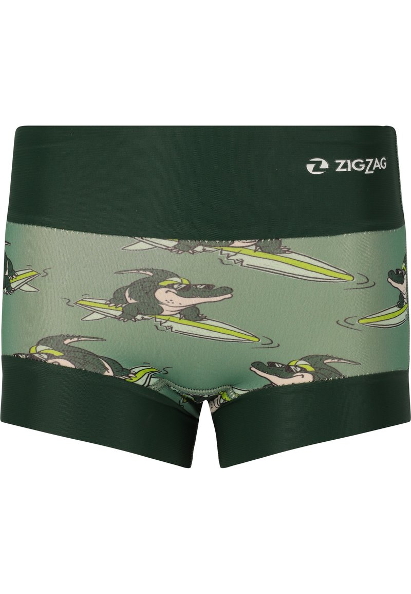 Boxer-briefs sur le thème du surf en vert, ornés d'un motif de crocodile ludique. Tissu lisse avec une taille verte unie et des ouvertures élastiques aux jambes.