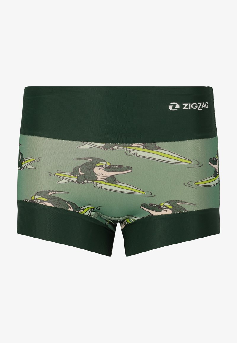 Boxer-briefs sur le thème du surf en vert, ornés d'un motif de crocodile ludique. Tissu lisse avec une taille verte unie et des ouvertures élastiques aux jambes.