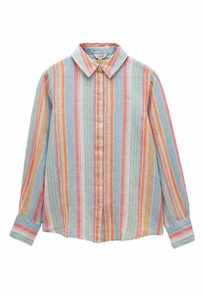 Košeľa s dlhým rukávom na gombíky s pastelovými vertikálnymi pruhmi v modrej, ružovej, oranžovej a béžovej farbe, s klasickým golierom a manžetami na rukávoch.