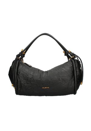 Schwarze, zerknitterte Lederhandtasche mit kurzem Griff, goldenen Akzenten, Kordelzugdetails und kleinem goldenen "CUSTO"-Logo in der Mitte vorne.
