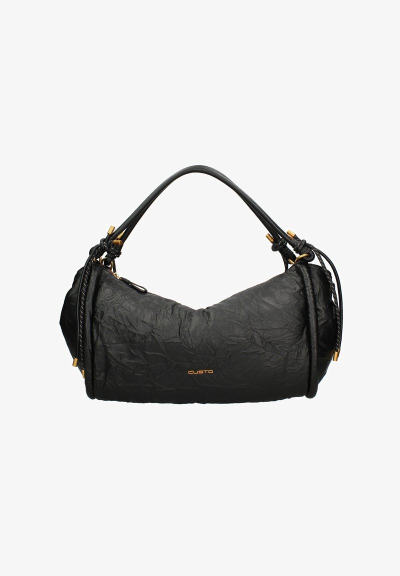 Borsa a tracolla in pelle nera stropicciata con manico corto, dettagli dorati, particolari con cordoncino e piccolo logo dorato "CUSTO" al centro frontale.