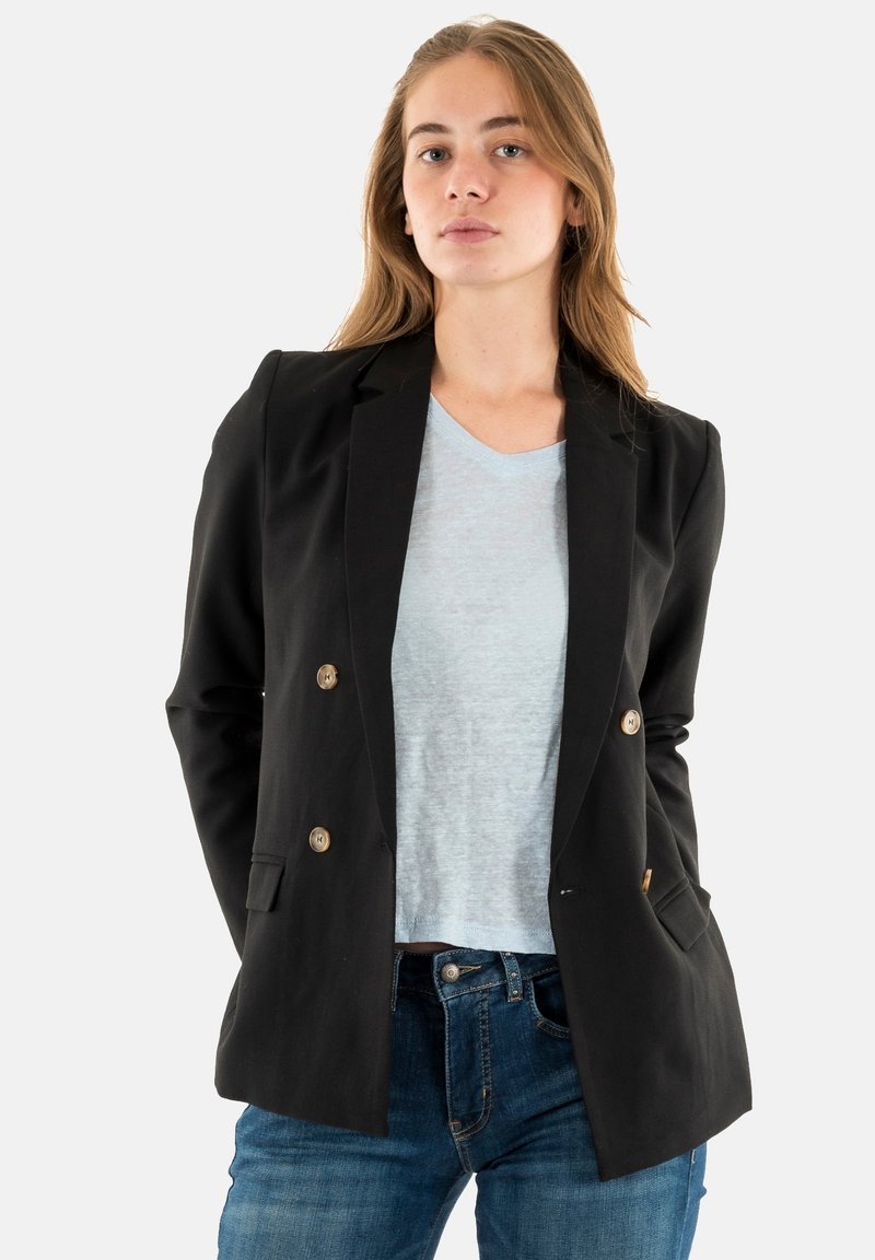 Blazer nero con bottoni dorati, design a un petto, vestibilità sartoriale, tessuto liscio, abbinato a una camicia azzurro chiaro e jeans in denim.