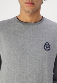 Sweatshirt gri cu un model în dungi în formă de V, cu guler rotund și inscripționat cu o emblema bleumarin brodată. Are un guler și mansete întunecate în contrast.