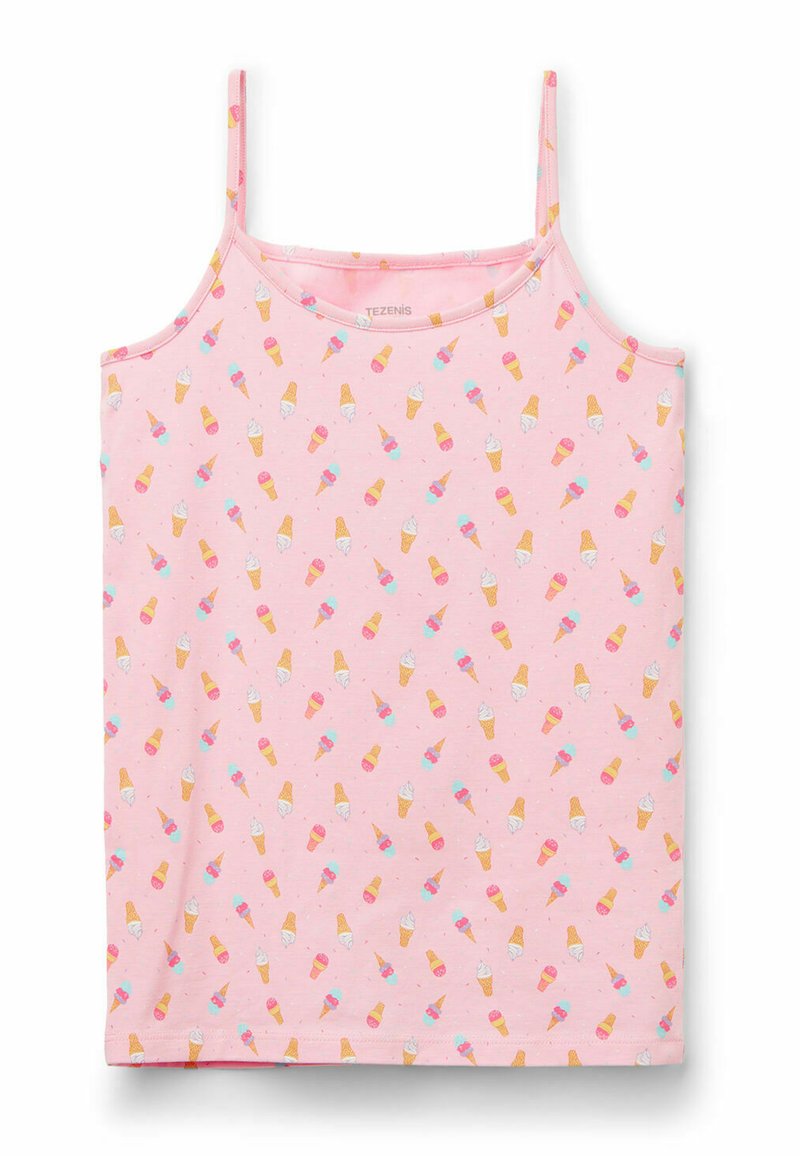 Růžová tílko s tenkými ramínky, které má opakující se vzor barevných zmrzlinových kornoutů v různých příchutích.
