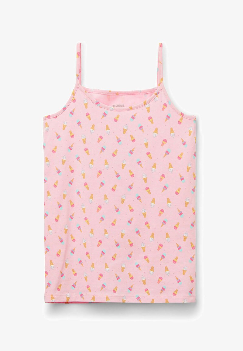 Růžová tílko s tenkými ramínky, které má opakující se vzor barevných zmrzlinových kornoutů v různých příchutích.