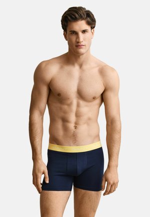 Homme musclé debout, portant un boxer bleu marine avec une ceinture jaune estampillée "GANT", sur un fond clair uni.