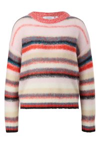 Pull en maille douce à rayures horizontales rouge, rose, crème, bleu et noir, avec un col rond et des manches longues.