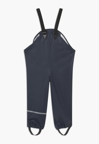Donkerblauwe waterdichte overalls met verstelbare zwarte bandjes, elastische manchetten en reflecterende strips nabij de zoom. Glad, duurzaam materiaal.
