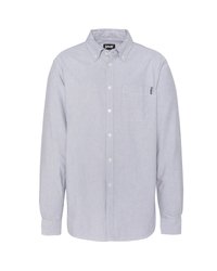 Lichtblauwe knoopshirt gemaakt van zachte stof. Beschikt over lange mouwen, een borstzak en een licht gebogen zoom. Etiket zichtbaar bij de kraag.
