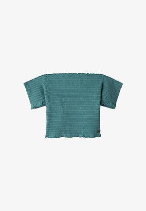 Top in tela smock turchese con maniche corte larghe, tessuto strutturato e orlo arricciato. Design semplice con vestibilità casual, adatto per essere indossato a strati.