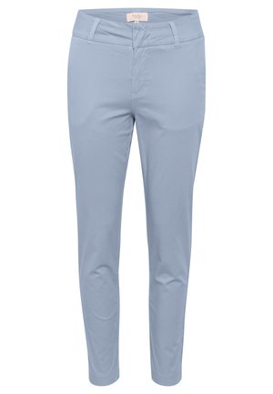 Vaaleansiniset puuvillahousut, joissa on slim fit -tyylinen leikkaus. Housuissa on sileä pinta, litteä etuosa ja tavalliset taskut molemmilla puolilla.