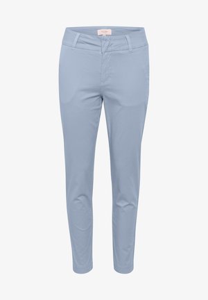 Heledad sinised puuvillased püksid, millel on kitsas lõige, silmapaistev tekstuur, lame eesosa ja standardne taskud kummalgi pool.