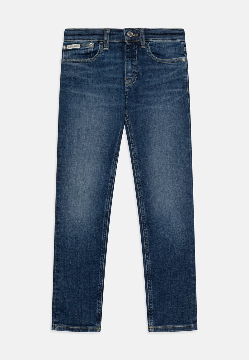 Dunkelblaue Jeans aus Denim mit schlanker Passform, fünf Taschen und einem Reißverschluss. Sie verfügen über dezente Verblassungen und ein kleines Markenschild am Bund.